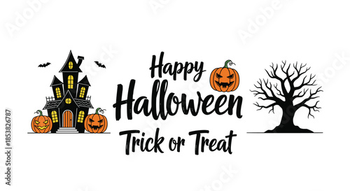 Halloween scene featuring a haunted house, spooky trees, jack-o-lantern pumpkins, and bats with Trick or Treat text.