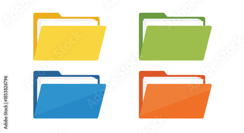 Set of four colorful document folder icons in yellow, green, blue, and orange with various paper sheets inside.