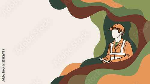 Illustrated construction worker against abstract earthy tone background design
