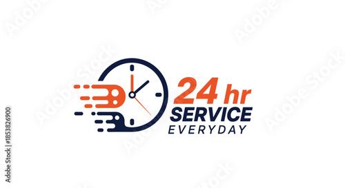 Professional 24 hour service logo featuring a fast moving clock for all day and everyday maintenance or delivery concepts.