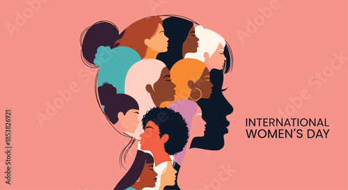 International Women's Day celebration graphic featuring a diverse group of female silhouettes on a pink background for empowerment.