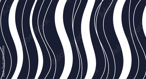 Modern abstract background featuring vertical white wavy lines and rhythmic curves on a dark navy blue surface for creative art.