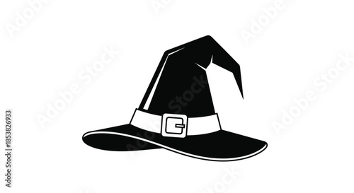 Classic black witch hat silhouette with a buckle detail isolated on white background for Halloween costume and magic concepts.