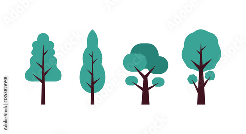 Minimalist set of stylized green tree icons for landscaping environment nature conservation and urban forestry concepts.