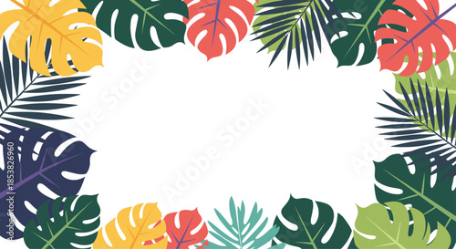 Colorful tropical leaf frame border featuring vibrant monstera and palm foliage for exotic summer and vacation themes.