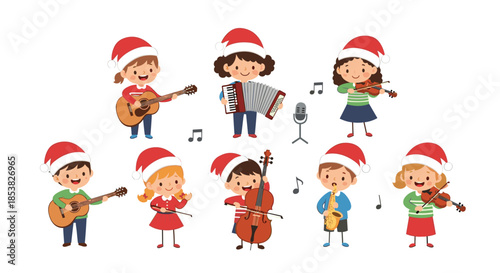 Talented group of children in Santa hats playing various musical instruments together for Christmas concert celebration.