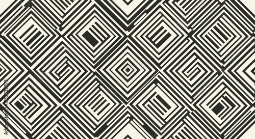 Abstract geometric pattern of interlocking black and white lines creating a modern optical illusion effect for creative decor.