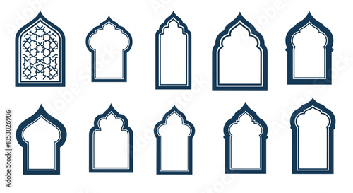 Collection of Islamic arch silhouettes in various traditional styles for architectural design and cultural projects.