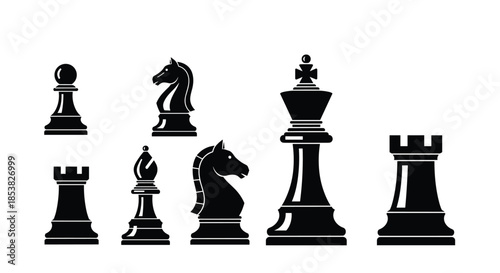 Selection of classic black chess piece silhouettes including king, queen, bishop, knight, rook, and pawn for game design.
