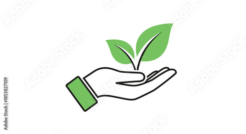 Linear icon of a hand holding a green sprout representing growth, nature conservation, and sustainability concepts.