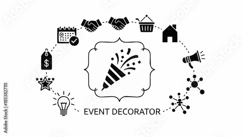 Event Decorator Concept with Party Popper and Icons.