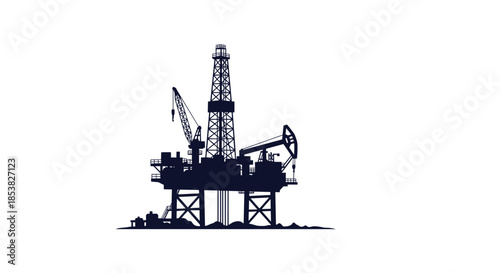 Detailed black silhouette of an offshore oil drilling rig platform against a white background for industrial themes.