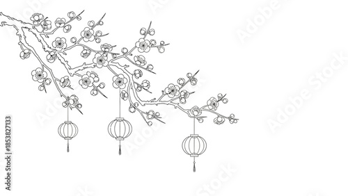 Elegant plum blossom branch with traditional lanterns vector illustration for festive greetings