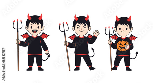 Collection of cute cartoon boys dressed in black devil costumes with horns, wings, and pitchforks for Halloween.