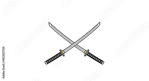 Detailed illustration of two crossed Japanese katanas with black hilts and sharp blades on a plain white background.