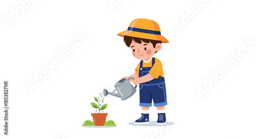 Little boy wearing a straw hat and overalls carefully waters a small green plant in a terracotta pot on a white background.