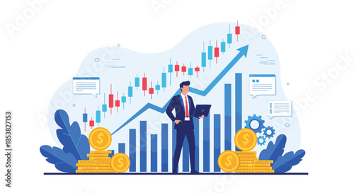 Successful businessman holding a laptop standing in front of a financial data chart showing growth with gold coins and gears.