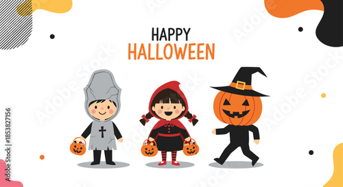 Group of children dressed in Halloween costumes including a ghost, little red riding hood, and a pumpkin head with candy buckets.