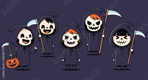 Collection of cute cartoon grim reaper characters in purple robes holding scythes and a pumpkin for Halloween decorations.