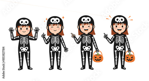 Group of girls wearing black skeleton costumes with skull hats for Halloween trick or treating and carrying pumpkin buckets.