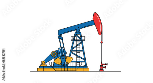 Colorful illustration of an oil pump jack used in petroleum extraction and fossil fuel production against a clean white background.