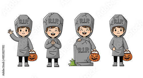 Four cute little boys dressed in grey gravestone costumes with RIP text for Halloween trick or treat celebrations.