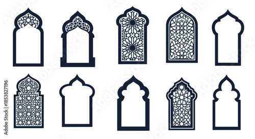 Set of ornate Islamic window frames and arches featuring intricate geometric arabesque patterns in black and white silhouette.