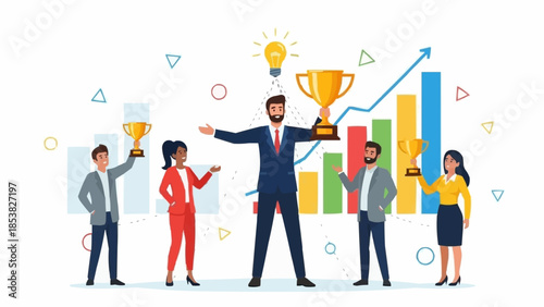 Successful Business Team Celebrating Achievements with Trophies and Growth Chart.