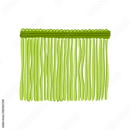 Green plastic strands forming a beaded curtain, acting as a flexible barrier to maintain temperature and minimize cold air loss in a refrigeration unit or storage space