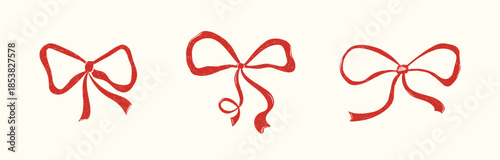 Hand drawn cute crayon red bow set. Minimalist bowknot for wedding, birthday, christmas cards, poster, gift, invitation. Vintage minimalist coquette elements. Whimsical doodle isolated vector illustra