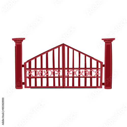 Red iron gate with decorative elements and strong pillars creating a clear boundary and symbolising security, privacy, and access to a private property