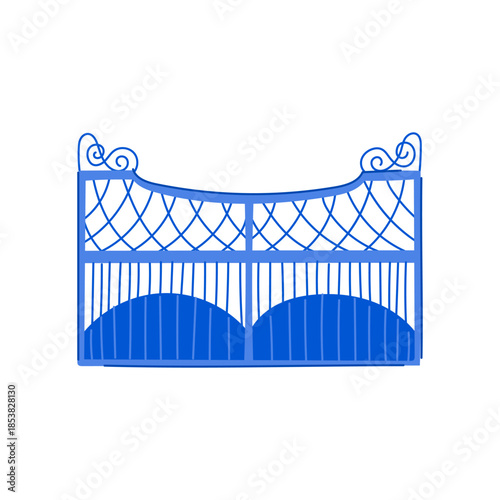 Blue ornamental metal gate providing a grand entrance and symbolizing security, privacy, and property demarcation, featuring decorative scrollwork and a classic design