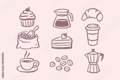 Coffee and dessert doodle icons vector illustration