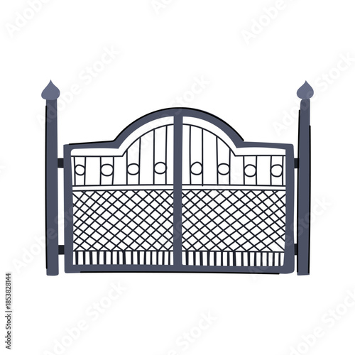 Iron gate line drawing depicting a classic decorative metal entrance, symbolizing residential security, privacy and property access on a clean white background