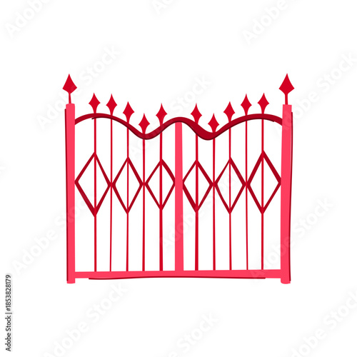 Red ornate metal gate with pointed top railing and diamond motifs, symbolizing secure entrance, boundary and protection for homes, gardens or estates on white background