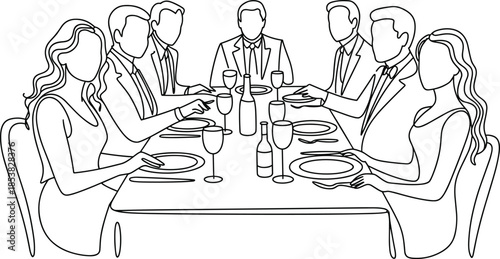 Elegant dinner party illustration, people dining together at table, minimalist line art, social gathering concept, black and white drawing