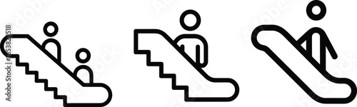 Escalator icons set people moving up down vector illustration public transport symbol pictogram outline black white