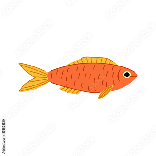 Goldfish swimming in side profile on a white background, simple flat vector illustration for children s content, aquatic and marine life themes, playful orange pet graphic element