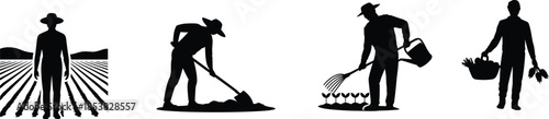 Farmer silhouette set illustration showing agricultural work, planting, watering and harvesting crops, rural farming lifestyle, black and white vector