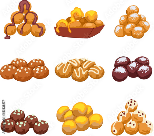 Loukoumades served in different preparations, these traditional greek deep fried dough balls are drizzled with honey, chocolate, or various sweet glazes and sprinkles