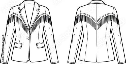 Fringe blazer jacket technical fashion illustration front and back view line art western style coat design template