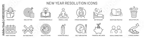 New year resolution line icon set with calendar, goals, meditation, healthy eating, finance and fitness symbols for self improvement planners