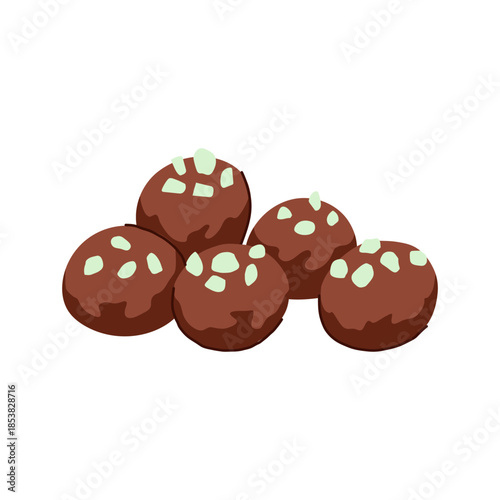 Loukoumades illustration showing a delicious pile of five deep fried dough balls, a popular greek sweet dessert, topped with light green chopped nuts or candy sprinkles for a tasty snack
