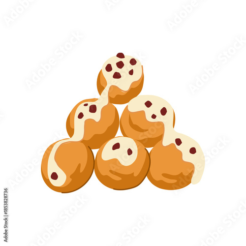 Traditional greek loukoumades illustration showing golden fried dough balls drizzled with creamy sweet topping and syrup, garnished with small red candied fruit on white background