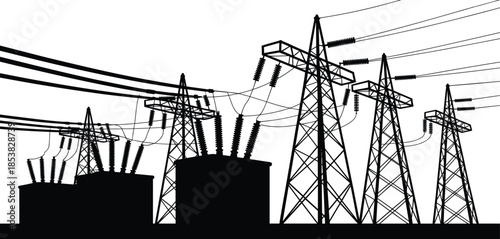 High voltage power transmission towers and substation silhouette illustration, industrial electricity infrastructure and energy distribution concept, black and white vector