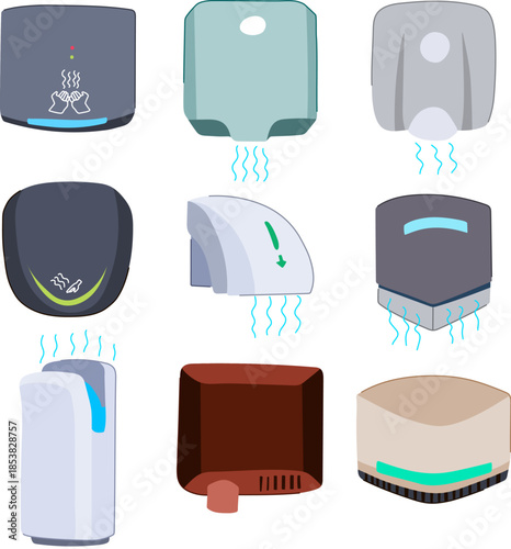 Collection of various modern hand dryers providing efficient and hygienic solutions for drying hands in public and commercial bathroom facilities, promoting cleanliness and sanitation