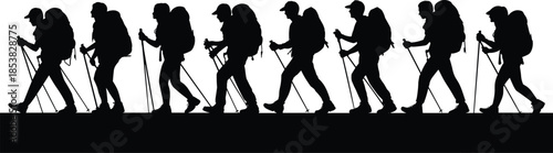 Hikers silhouette group walking with backpacks and trekking poles, outdoor adventure and hiking lifestyle concept, black and white vector illustration