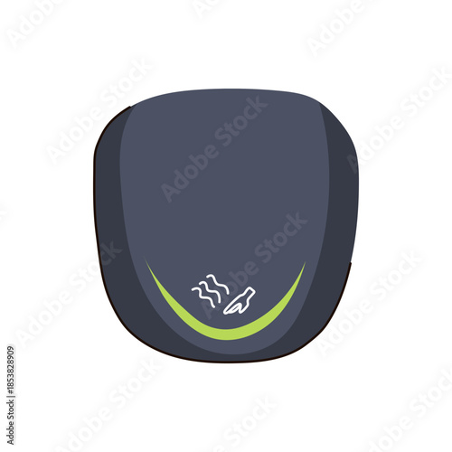 Modern automatic hand dryer illustration showing an ergonomic design with green color accent and icons for air flow and hand washing, representing public restroom hygiene and sanitation concepts