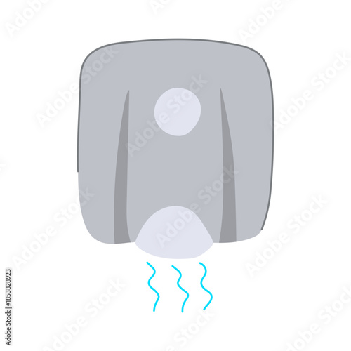 Hand dryer machine depicting an automatic electric device distributing hot air for washing hands, a common feature in public restrooms promoting personal hygiene and cleanliness