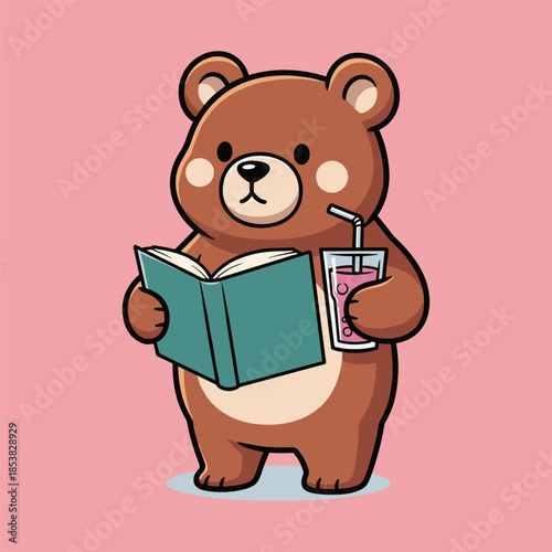 Cozy bear enjoying a book and a refreshing drink Vector